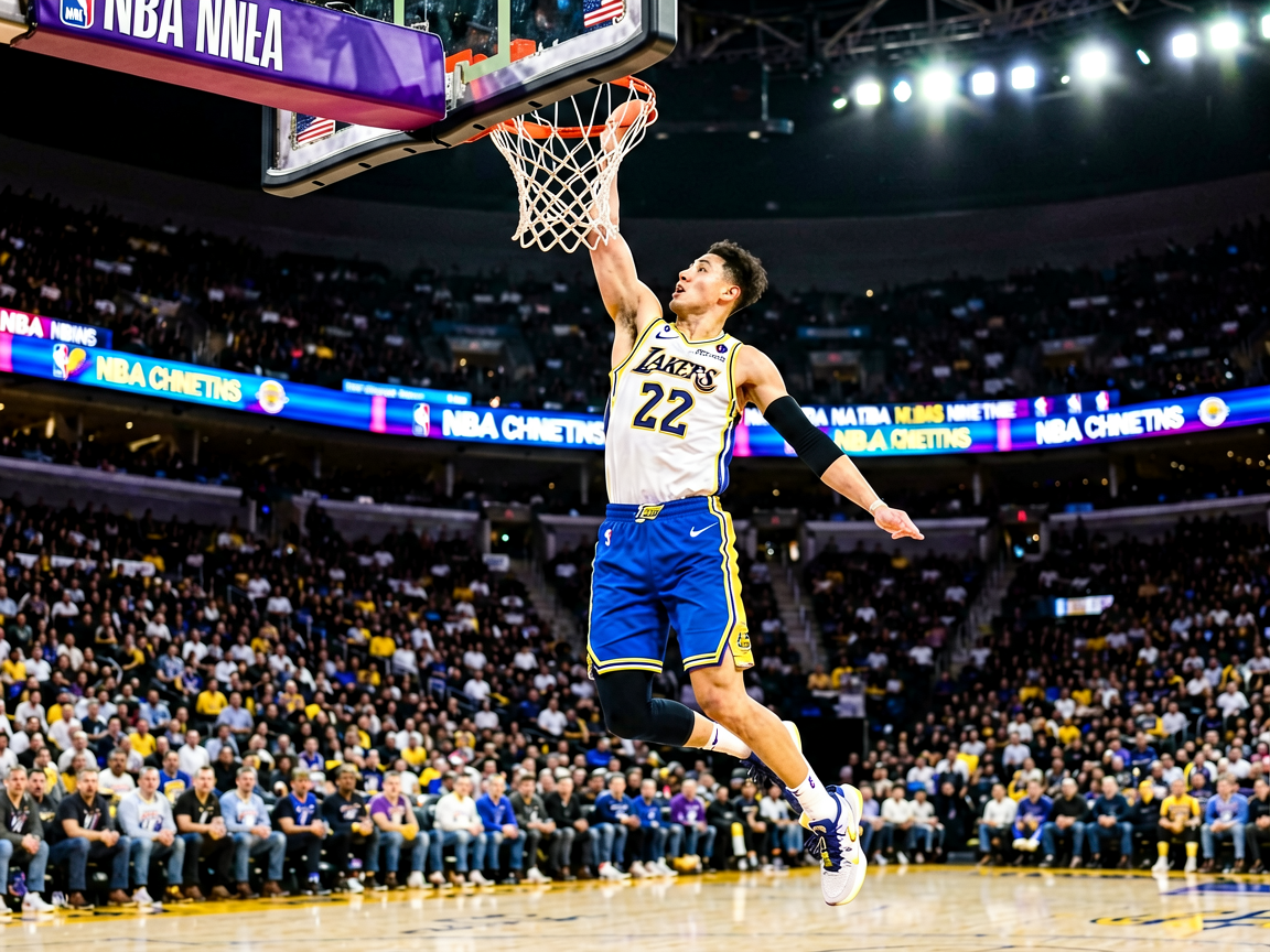 NBA常规赛精彩扣篮瞬间，球员空中接力暴扣，球场灯光聚焦篮下
